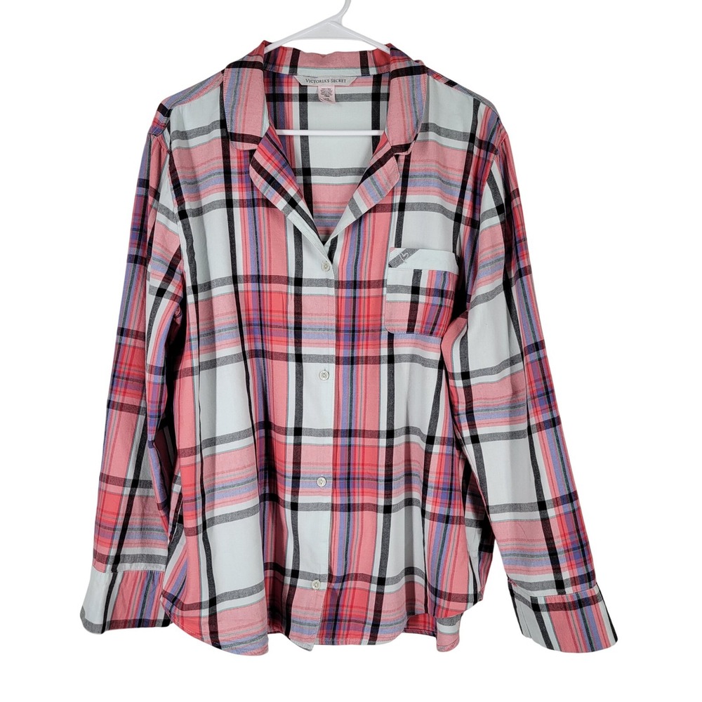 Victoria's Secret Plaid Pajama Top Shirt Sz Large Light Blue Pink Purple Black